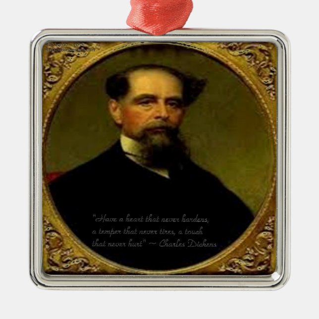 Ornamento De Metal Charles Dickens & Citação de Coração (Frente)
