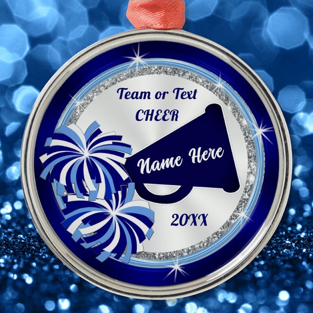 Ornamento De Metal Cheerleaderes personalizados, Blues, branco (Personalized Cheerleading Ornament. Cheer team Christmas gifts or Gifts for Senior Cheerleaders.)