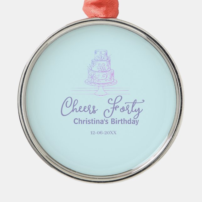 Ornamento De Metal Cheers forty happy birthday cake blue purple name  (Frente)