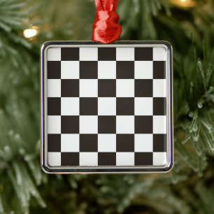 Ornamento De Metal Chequered Flag (Black and White) (Checker Pattern)