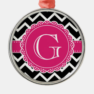Ornamento De Metal Chevon Preto de Monograma com Flor Rosa Quente