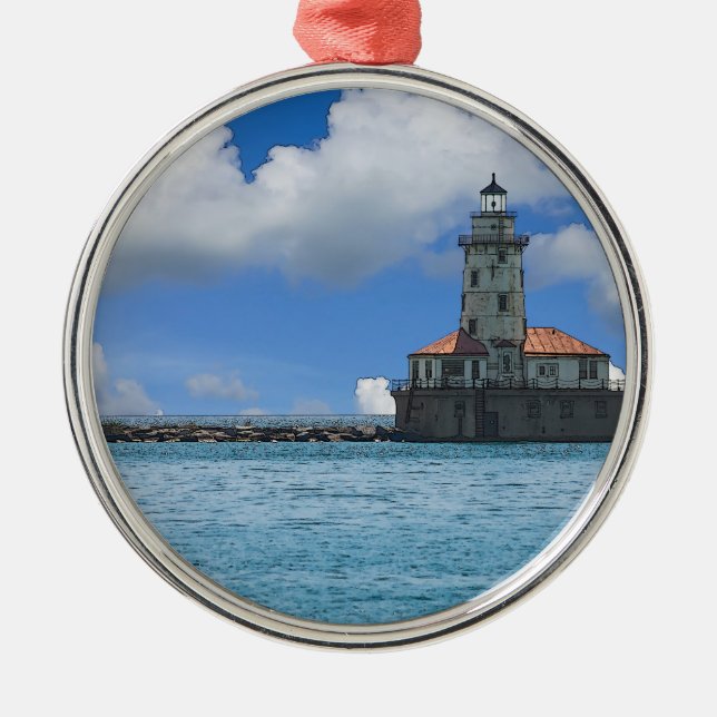 Ornamento De Metal Chicago Harbor Lighthouse Painterly (Frente)