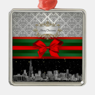 Ornamento De Metal Chicago Skyline Silver White Damask #3 Arco Xmas
