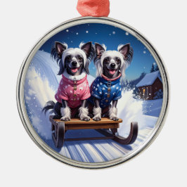 Ornamento De Metal Chinese Crested Sled Ride Christmas