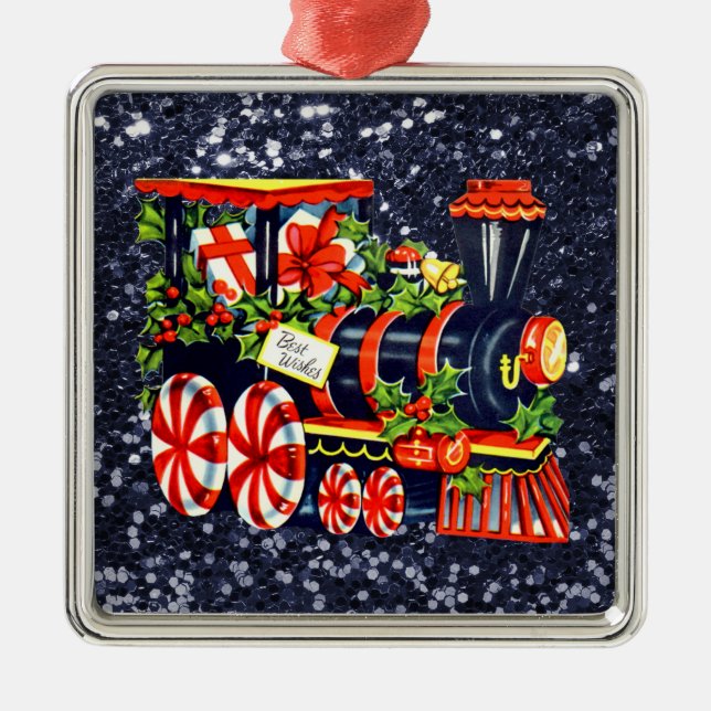 Ornamento De Metal Choo Choo Choo Train Blue Faux Glitter (Frente)