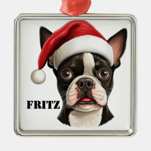 ORNAMENTO DE METAL CHRISTMAS BOSTON TERRIER DOG COM SANTA HAT