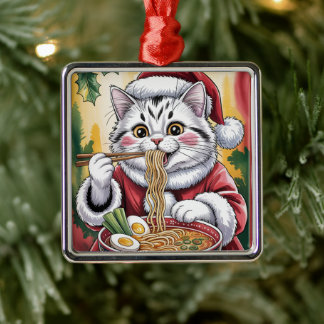 Ornamento De Metal Christmas Cat Eating Ramen Ornament Holiday
