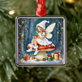 Ornamento De Metal Christmas Fairy atop a Mushroom Cottage Core