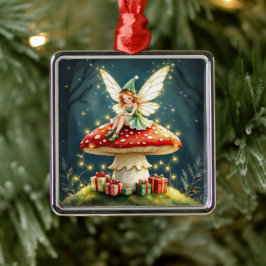 Ornamento De Metal Christmas Fairy atop a Mushroom Cottage Core