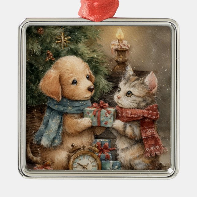 Ornamento De Metal Christmas Puppy and Kitten Gift (Frente)