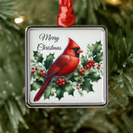 Ornamento De Metal Christmas Red Cardinal and Holly