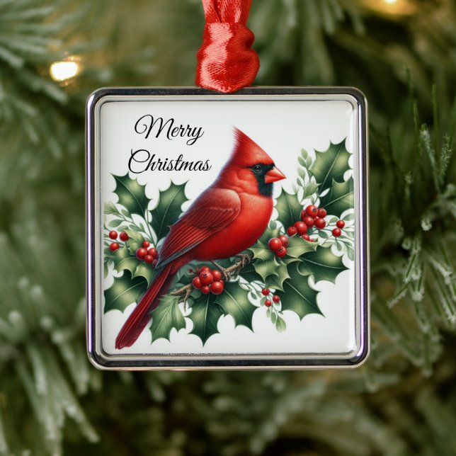 Ornamento De Metal Christmas Red Cardinal and Holly  (Árvore)