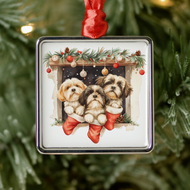 Ornamento De Metal Christmas Shih Tzu Dogs (Árvore)