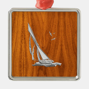 Ornamento De Metal Chrome Regatta Sailboat em Teak Veneers Styles