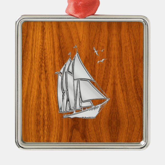 Ornamento De Metal Chrome Silver como veleiro em Teak Veneza (Frente)