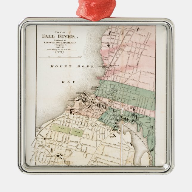 Ornamento De Metal Cidade mapa de Fall River, Massachusetts (1874) (Frente)