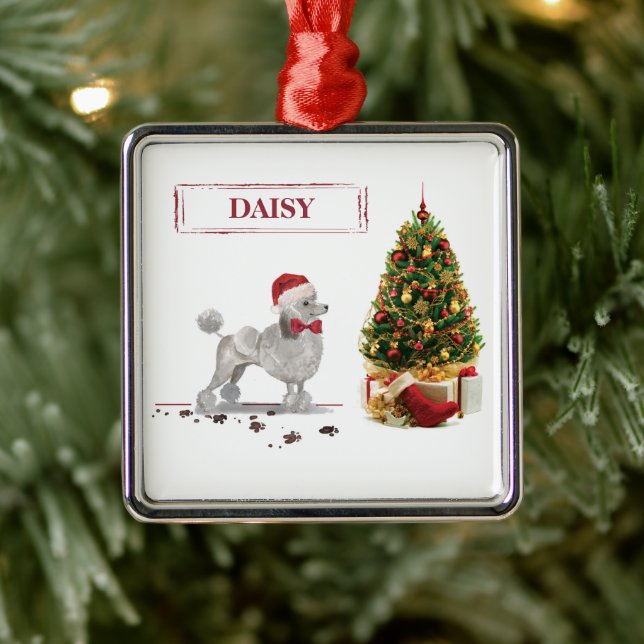 Ornamento De Metal Cinza Poodle Engraçado Cachorro de Natal com Árvor (Árvore)