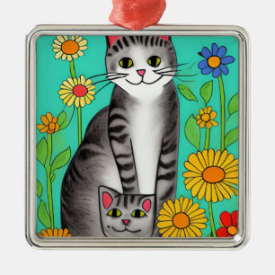 Ornamento De Metal Cinzas de Arte Folical Whimsical Cat and Kitten