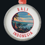 Ornamento De Metal Círculo Retro Distresso de Bali Indonésia<br><div class="desc">Bali retro vetor viagem design. Bali é uma ilha no Sudeste Asiático que é conhecida por suas praias,  templos e cultura. É também o lar da vida marinha,  parques de safari,  e arte.</div>