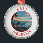Ornamento De Metal Círculo Retro Distresso de Bali Indonésia<br><div class="desc">Bali retro vetor viagem design. Bali é uma ilha no Sudeste Asiático que é conhecida por suas praias,  templos e cultura. É também o lar da vida marinha,  parques de safari,  e arte.</div>