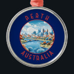 Ornamento De Metal Círculo Retroalterado Perth Austrália<br><div class="desc">Design de viagem de vetor retrorreflector perth. Perth,  capital da Austrália Ocidental,  fica onde o rio Swan encontra a costa sudoeste.</div>