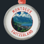 Ornamento De Metal Círculo Retrovisor da Suiça de MONX<br><div class="desc">Design de viagem de vetor retrô de Montreux. O MONux é uma cidade tradicional no lago de Genebra. Enfiado entre colinas íngremes e o lado do lago.</div>