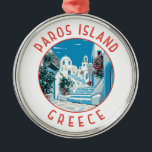 Ornamento De Metal Círculo Retrovisso da Grécia da Ilha Paros<br><div class="desc">Paros retro vetor viagem design. Paros é uma ilha grega do mar Egeu mais conhecida pelas suas praias e aldeias tradicionais.</div>