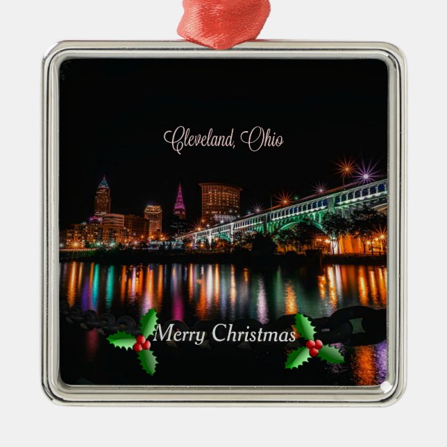 Ornamento De Metal Cleveland, Ohio Cityscape, Feliz Natal Metal O (Frente)