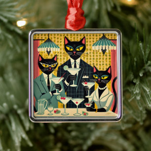 Ornamento De Metal Clube de Martini de Gato Preto Futurista Retro