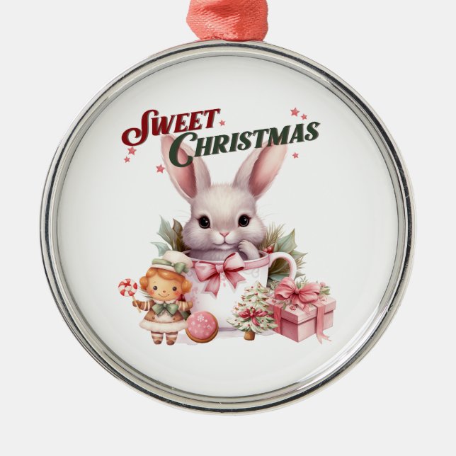 Ornamento De Metal Coelhinho Rosa De Natal Doce (Frente)