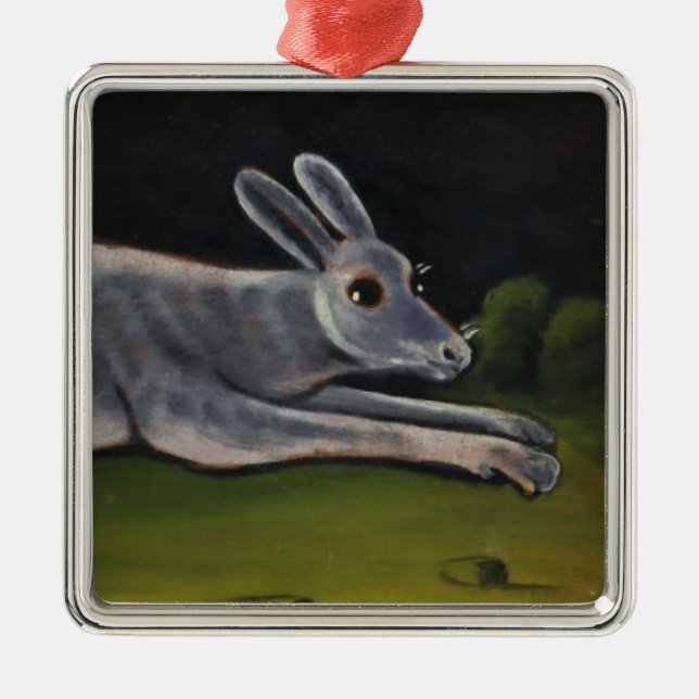 Ornamento De Metal Coelho de Cinza Longa Pulando Sobre Campos (Frente)