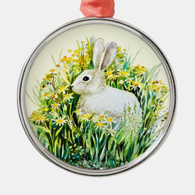 Ornamento De Metal Coelho e flores amarelas (Frente)