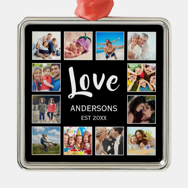Ornamento De Metal Colagem Personalizada de Fotos da Família em Preto (Frente)