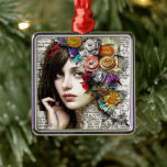 Ornamento De Metal Collage Art | Garota Bonito com flores no cabelo<br><div class="desc">Arte de colagem. Linda senhora com flores coloridas em seu cabelo. O fundo é um impressão de jornal falso. Conteúdo genérico</div>