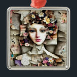 Ornamento De Metal Collage Art | Uma Bonito garota feita de páginas d<br><div class="desc">Arte de colagem. Linda dama com flores coloridas em seus cabelos e páginas de livros ao seu redor. Conteúdo genérico</div>