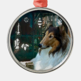 Ornamento De Metal Collie de Natal na Janela
