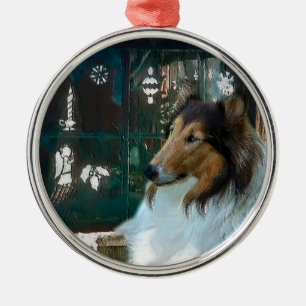 Ornamento De Metal Collie de Natal na Janela