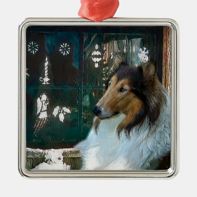 Ornamento De Metal Collie de Natal na Janela (Frente)