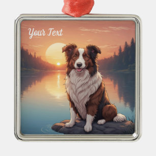 Ornamento De Metal Collie Vermelho e Branco junto ao Lago