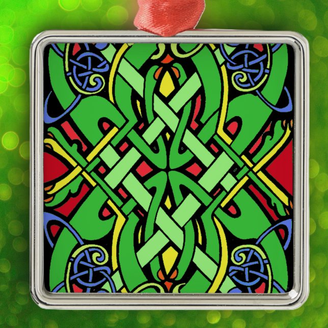 Ornamento De Metal Colorida Irish Celtic Knot (Irish Celtic ornate knot design in green, yellow blue, and red on hanging ornament.)