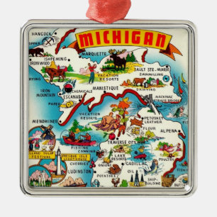 Ornamento De Metal Colorir Mapa de Michigan Vintage