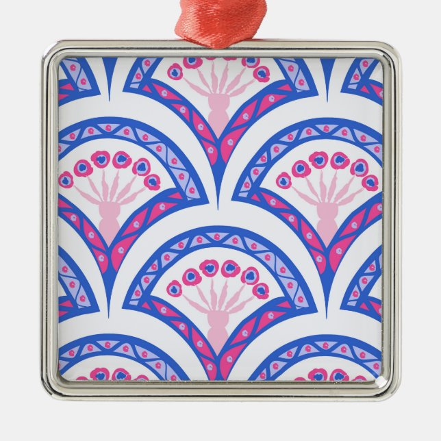 Ornamento De Metal cor damasco floral azul (Frente)