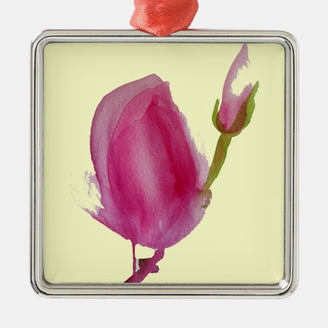 Ornamento De Metal Cor-de-rosa Magnolia, flor de aquarela (Frente)