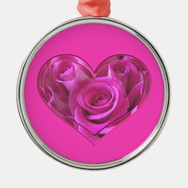 Ornamento De Metal Coração de Rosa Rosa (Frente)
