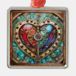 Ornamento De Metal Coração de Vidro Manchado Vermelho e Azul Série St