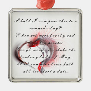 Ornamento De Metal Coração Metálico com o soneto de Shakespeare 18