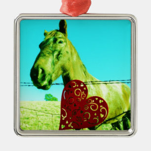 Ornamento De Metal Coração Vermelho e Cavalo
