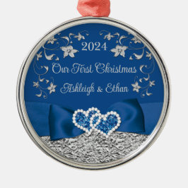 Ornamento De Metal Corações Azuis e Cinzas Casamento Primeiro Natal