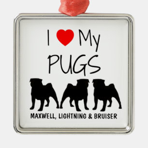 Ornamento De Metal Costume Adoro Meus Três Pugs