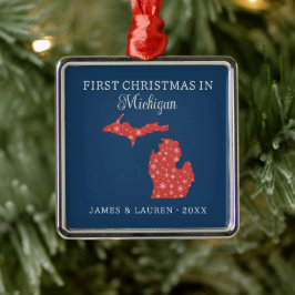 Ornamento De Metal Couple First Christmas In Michigan USA State